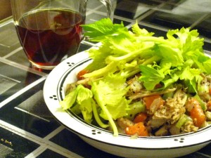 Sauteed vegetables with shredded chicken, celery greens and quinoa